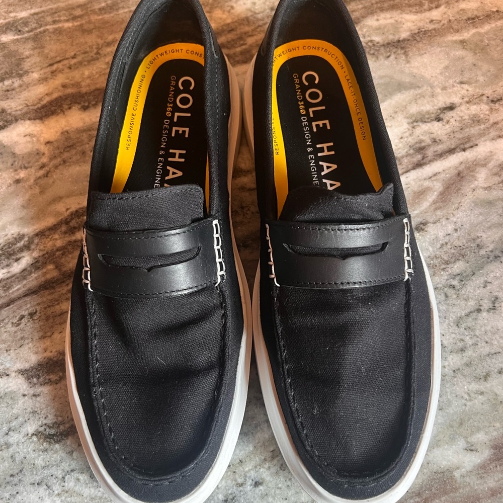 Cole Haan Black Canvas Slip-On Loafers with White Soles - Size 11